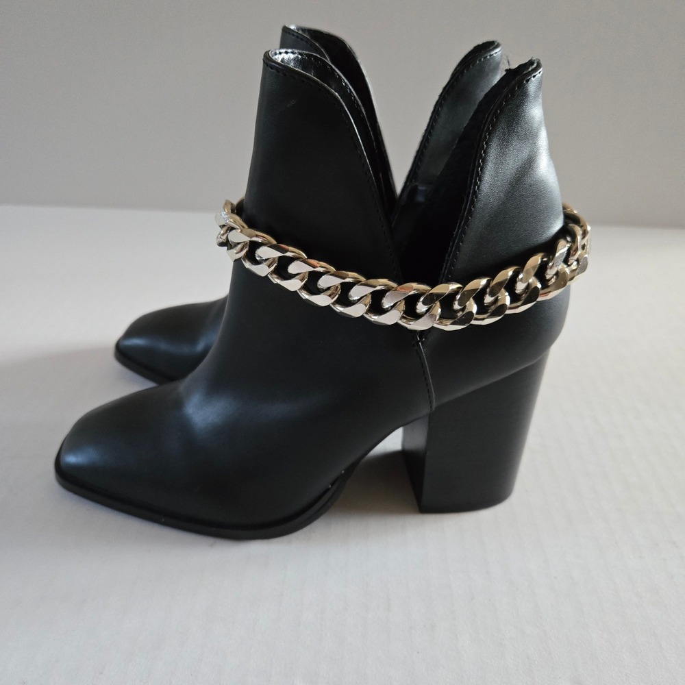 Steve Madden Black Faux Leather Square Toe Ankle Chain Accent‎ Block Heel Women